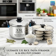 2in1 3.5L Stainless Steel Rice & Pasta Strainer Pot with 16 Idli Idly Steamer 4 Plates Multipurpose 