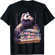 Ferret Holding Donut Portrait Motif Animal Artwork Ferret T-Shirt
