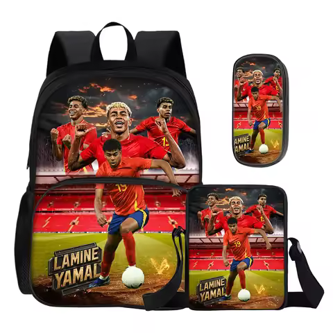 3Pcs set with Front Pocket Backpack Shoulder Bags Pencil Bag L-Lamin Yamal Kids Backpack Football St