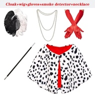 Halloween Cruella de Vil Cosplay Costume Cruella Dress Shawl 101 Dalmatians Cloak Wig Glove Necklace