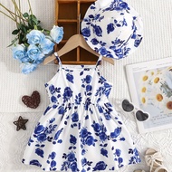TEMU 0-3 Years Old Baby Girl Spring And Rose Flower Full Print Leisure Suspender Dress + Hat, Classi