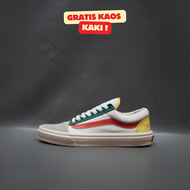 SEPATU VANS21 OLD SKOOL VAULT OG PELANGI PUTIH HIJAU KUNING LIST MERAH KANVAS 36-43