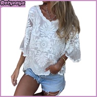 Miueto White Top Floral Lace Casual Shirt White Floral Lace Blouse Loose Fit Top for Parties Clubs S
