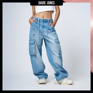DAVIE JONES WOMEN กางเกงยีนส์ Baggy Cargo Fit Jeans BG0001 สีน้ำเงินอ่อน