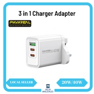 PAVAREAL K73 40W 3 In 1 USB A+C+C Super Charging Adapter Charger