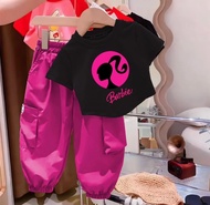 Setelan anak perempuan baju kaos celana cargo anak motif barbie 1-5tahun