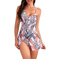 2Pcs/Set Women Tankini Set Printing Sling Split Flowy Hem Tops High Waist Swimming Trunks Set Swimsu