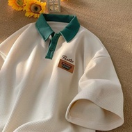 HIJAU Campus Contrast Color Polo Shirt Thin Waffle Design Retro American Korean Style Casual Unisex 