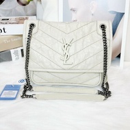 YSL Niki小號 白色油蠟皮奶昔白銀鏈 肩背包斜背包