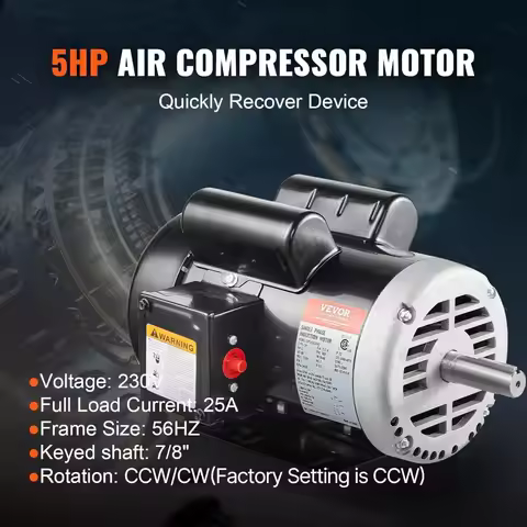 7/8" Keyed Shaft, 2.25" Shaft Length, Single Phase,，5HP Air Compressor Electric Motor, 230V 25 Amps,