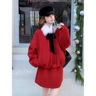 Red Atmosphere Feel Fur Collar Woolen Coat Short Skirt Two-Piece Female Winter New Style New Year's 