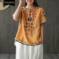 EDQRDQ ผู้หญิงเสื้อปักผ้าฝ้ายลินินแขนสั้นชาวนา Boho เม็กซิกัน Tunic Top Casual T เสื้อ