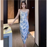 Blue dress Sling Floral Pattern Korean Long Skirt Beachwear For Chubby Women Delivery In Bangkok bea