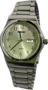 SEIKO SPIRIT 7N93-7000 รุ่นปี1983นาฬิกาควอทซ์ญี่ปุ่นแท้100%ตัวเรือนและสายสแตนเลสหน้าปัดสีขาวกระจกแซฟไฟร์สำหรับชาย,หญิงมีวัน-วันที่กันน้ำมือ2สวย