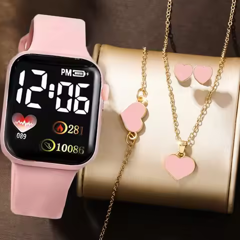 Desenhos animados das mulheres em forma de coração conjunto de jóias, LED quadrado relógio digital,