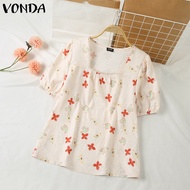 VONDA เสื้อเบลาส์พิมพ์ลายผีเสื้อสำหรับแฟชั่นสำหรับผู้หญิงคอสี่เหลี่ยมเสื้อลำลองพิมพ์ลายลูกไม้ (ดอกไม้เกาหลี) #2
