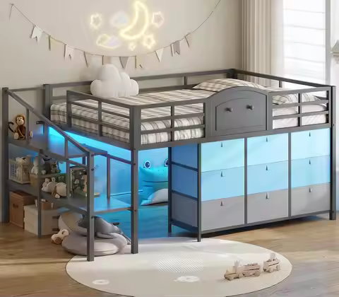 Low Metal Loft Bed Full 9 Drawers LED Stairway Shelf Guardrail Kids Bedroom Grey, Custom