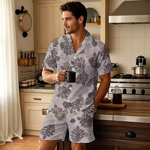 Men's Pajamas Set Hawaiian Style Pijamas POD Tropic Flower Leaf Print Short Sleeve Pyjama Sleepwear 
