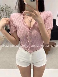 2023年夏季新款修身性感木耳邊辣妹短袖上衣粉色V領短款針織上衣外套女(two way穿搭）