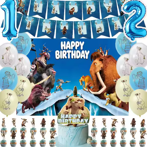 Cartoon Ice Age Themed Birthday Party Decor Ice World Animal Theme Banner Cake Topper Balloon Backdr