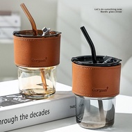 450ML Glass Straw Cup Pyrex Glass Straw Cup Portable Cup Cold Coffee Cup with Lid Beverage Tea Cup J