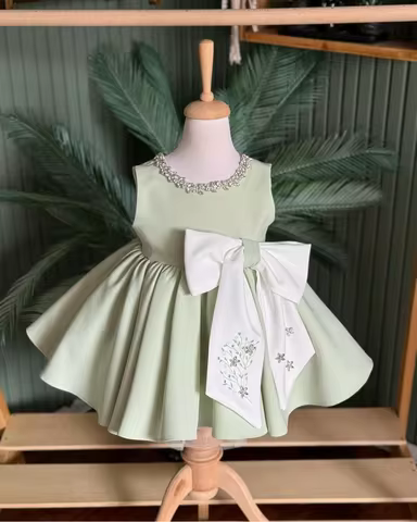 0-12Y Baby Girl Summer Light Green Exquisite Turkish Vintage Princess Ball Gown Dress for Birthday H