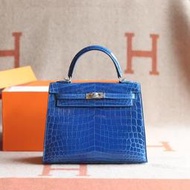 France Window 愛瑪仕 Hermes Kelly 25  i7琉璃藍 亮面兩點鱷魚皮 銀扣