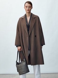 Massimo dutti類似款 質感翻領羊絨大衣/寬鬆綁帶羊毛外套（深咖啡色/棕色S號）