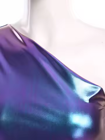 Womens Shiny Metallic 70s Disco Dance Dress One Shoulder One Long Sleeve with Flared Cuff Bodycon Dr