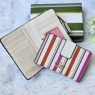 Kate Spade Medium Corner Zip Compact Bifold Wallet White Saffiano Leather with Multicolor Stripes Pr