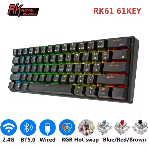RK ROYAL KLUDGE RK61 Tri-mode BT5.0/2.4G/USB Mechanical Keyboard 60% 61 Keys RGB Hot-swappable Bluet