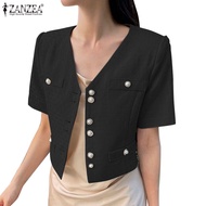 ZANZEA Women Korean Decorative Pockets Short Sleeves V-Neck Blazer