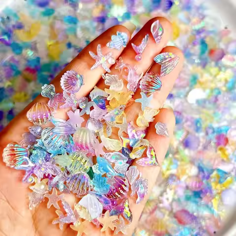 50PCS 3D Creative Simulated Conch Shell Nail Charms Colorful Translucent Jellyfish Ocean Series Resi