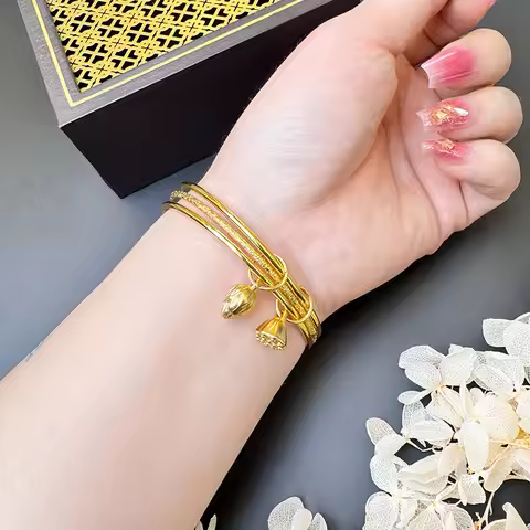 Vintage Three-Ring Lotus Seedpod Bracelet Women's 24K Gold AU999 - Lucky meaning, ideal gift for fri