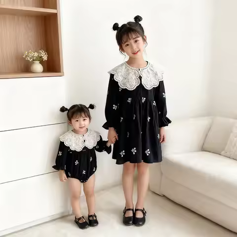 2025 Autumn Sisters Children Dress 0-7Yrs Girl Party Embroidery Flower Dress Twins Kids Princess Dre