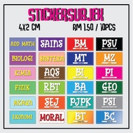 STICKER SUBJEK SEKOLAH RENDAH , AGAMA, MENENGAH SAIZ 4X2CM ( 9 PCS )