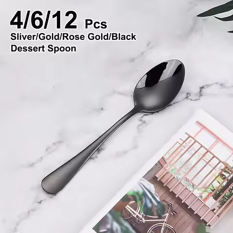 4/6/12 Pieces Stainless Steel Dessert Spoon Black Stirring Spoon Ice Cream Cake Sliver Spoons Set Go