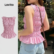 Lovito Tank Top Wanita Gingham Smocked Cute untuk Musim Panas/Semi L125AD139