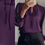 Women Elegant Blouse Plain Smocked Tie Front Bishop Sleeve Autumn Winter Blouse LBL24434 Blaus Elega