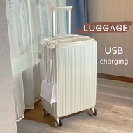 อเนกประสงค์ กระเป๋าเดินทาง 24นิ้ว กระเป๋าเดินทางล้อลาก สีขาว ฟังก์ชั่นการชาร์จ USB และที่วางแก้ว ตะขอด้านข้าง luggage