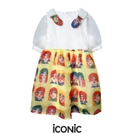 iCONiC YELLOW FRANCE GIRLS DRESS #9075 เดรสสั้น ผ้าไหม ชีฟอง อก34" เอว32" ยาว30" สะโพกฟรี พิมพ์ลาย