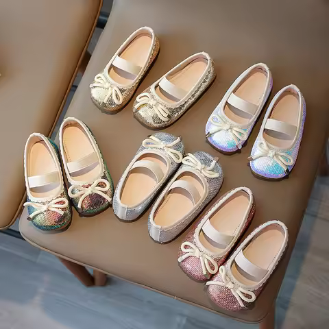 Girl's Flat Shoes Sequins Bowknot Elastic Band Four Seasons Children Princess Shoe Square Toe 21-35 