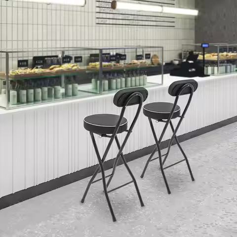 2Pcs-Folding Bar Stool with Back, Black Tall Foldable Chair Counter Height Collapsible Stool PU Leat