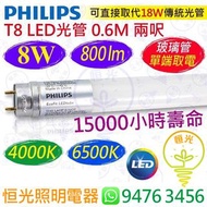PHILIPS 飛利浦 Ecofit（單端）T8 4000K 中性 / 6500K 白光 8W LED 光管 800流明 0.6M 兩呎 15000小時壽命 實店經營 香港行貨 保用一年