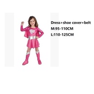 Children Hot Pink Suman Girl Dress,Halloween Cosplay Party Super Hero Suman Costume With Cape,Boots