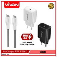 Vivan 30W Charger USB-C to Type C Power C30C 3A Black White Smart Charger PD30W
