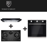 EF EFCH 9236T BK 90CM BLACK SLIMLIINE HOOD + EF EFH 7630 TN VGB 3 BURNER GLASS GAS HOB + EF BO AE 63 A 73L BUILT-IN OVEN