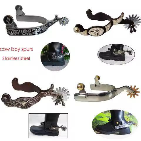 2pcs Horse Riding Bronzed Western Style Spurs Leather Belt Mild Steel Manual Carving German Silver E