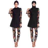 swimming suit muslimah black blue Leaves baju renang muslimah hijab set baju renang muslimah plus size with Chest Pads