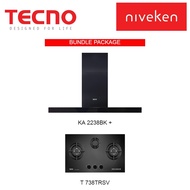 Tecno KA 2238BK Matte Black Chimney Cooker Hood + Tecno T 738TRSV 3-Burner 70cm Tempered Glass Cooker Hob